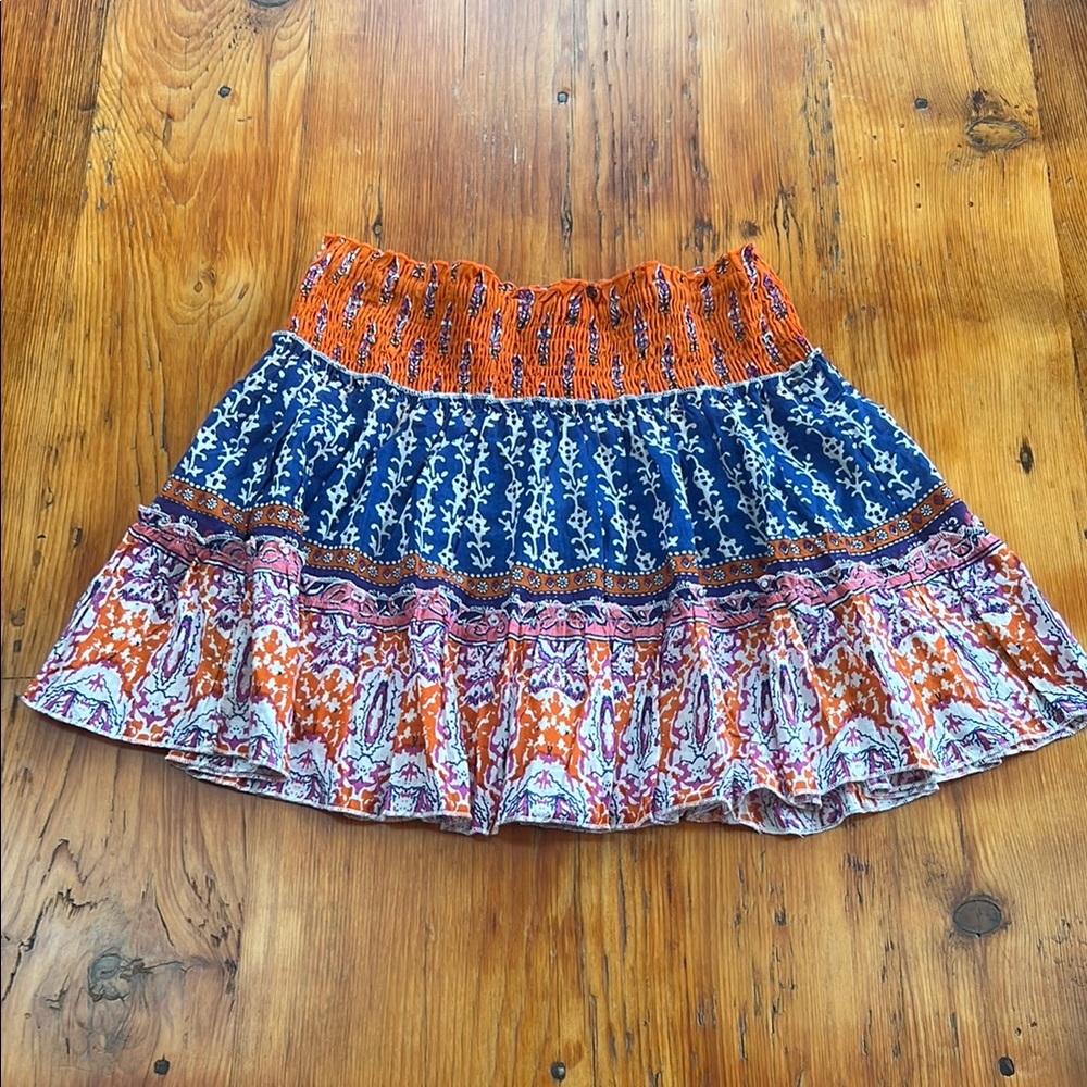RAGA Anthropologie Blue Orange White Tiered Cotton Medium Mini Skirt Elastic NWT